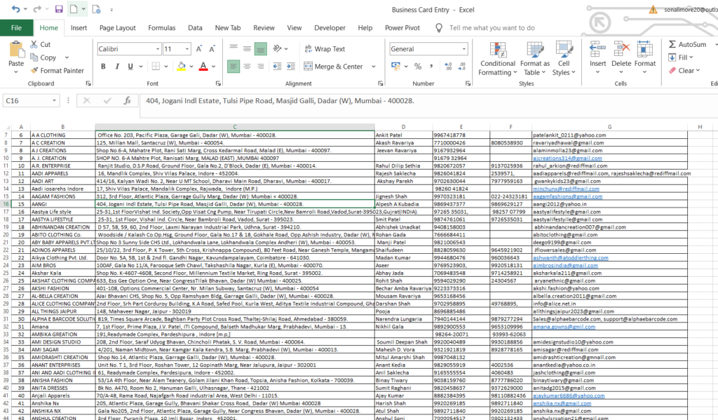 Visiting card data filled excel 300+